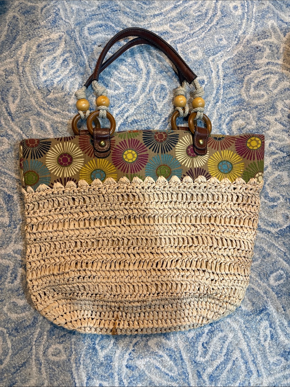 Fossil Multicolor Floral Trim Crochet Straw Tote